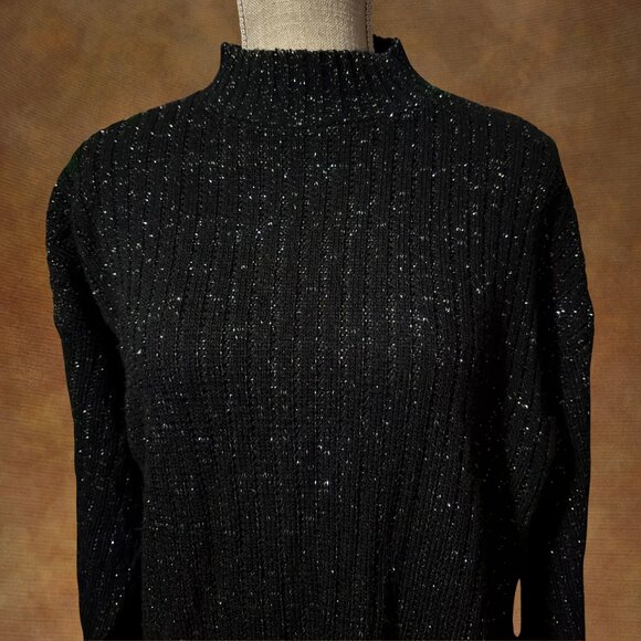 Vintage American Pride Black Metallic Lurex Ribbed Mock Neck Sweater Women’s Lar - Picture 1 of 6